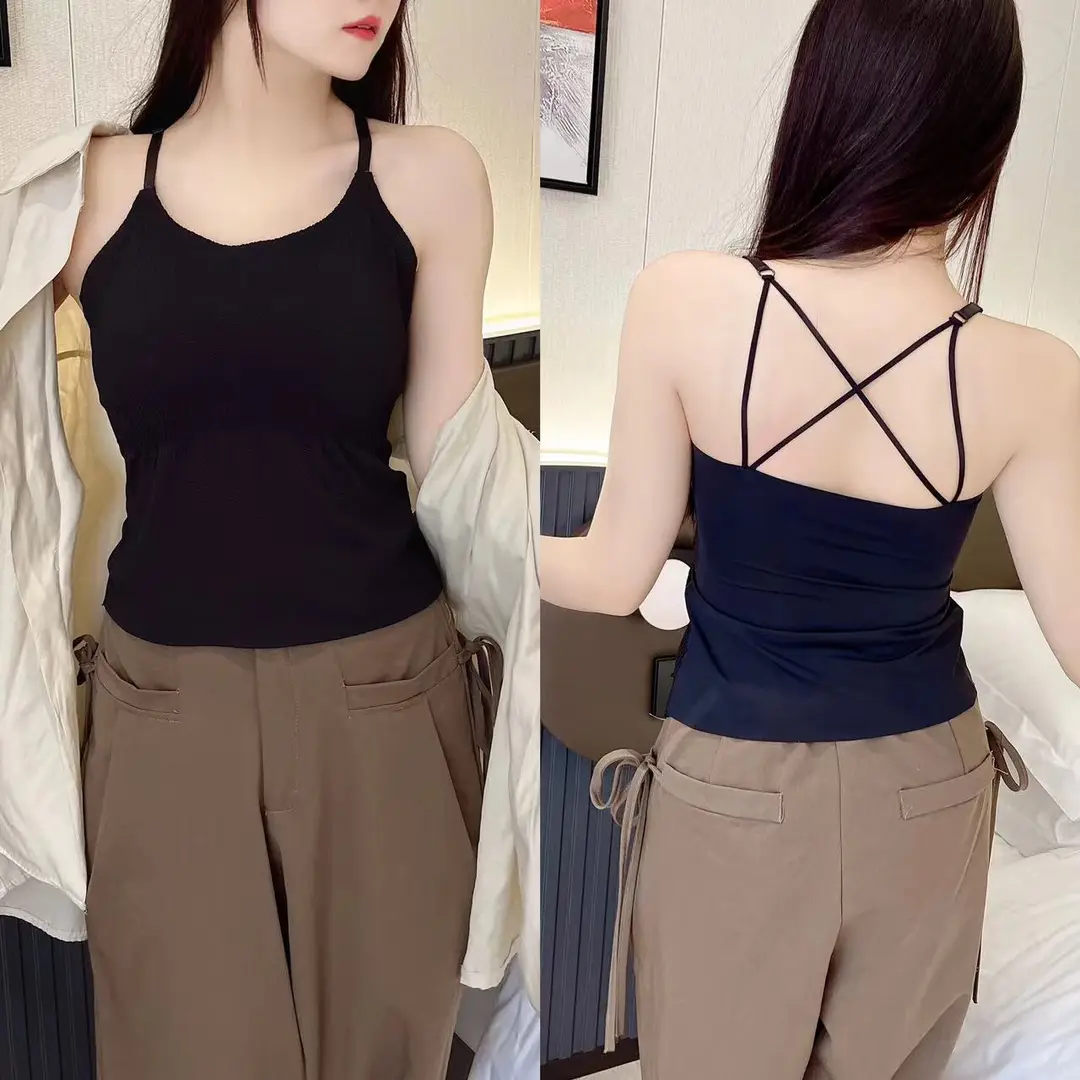 Striped Skinny Base Camisole Twist Explosive Folded Belt Chest Pad Outer Wear Base Beauty Back Camisole Women — feature 25