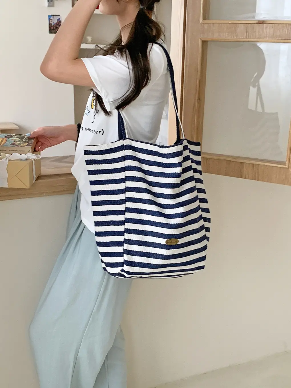 Korean Style Striped Canvas Tote Bag Large Capacity - Image 16