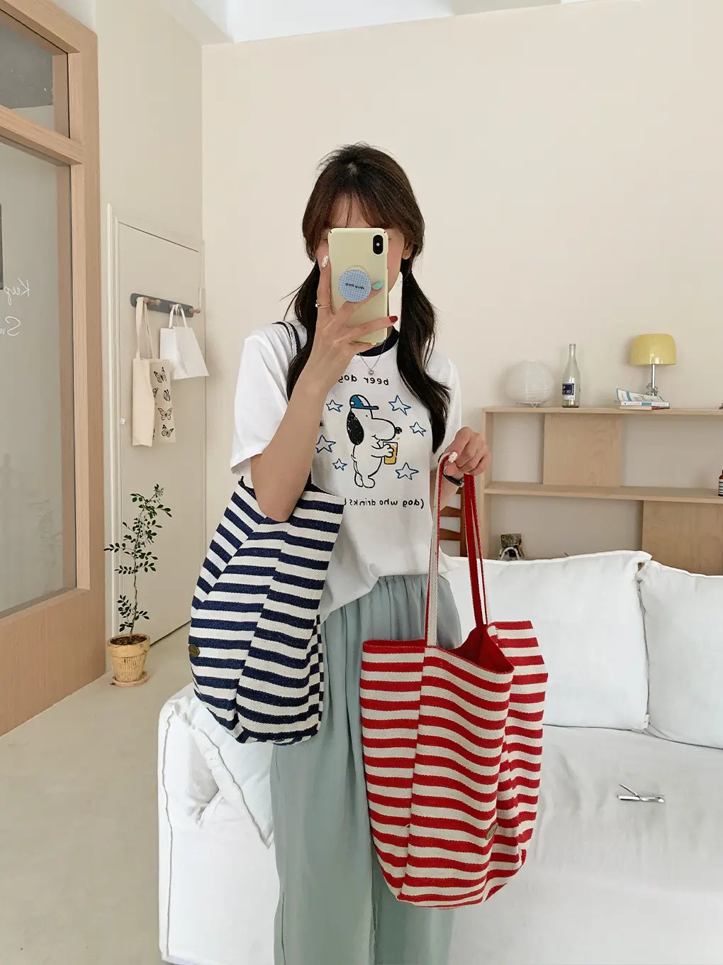 Korean Style Striped Canvas Tote Bag Large Capacity - Image 18