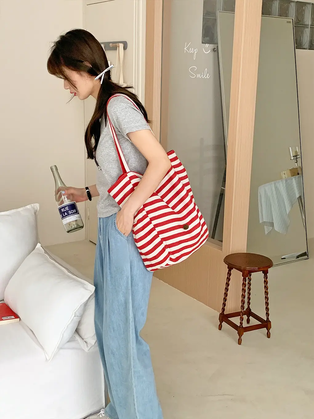 Korean Style Striped Canvas Tote Bag Large Capacity — feature 10