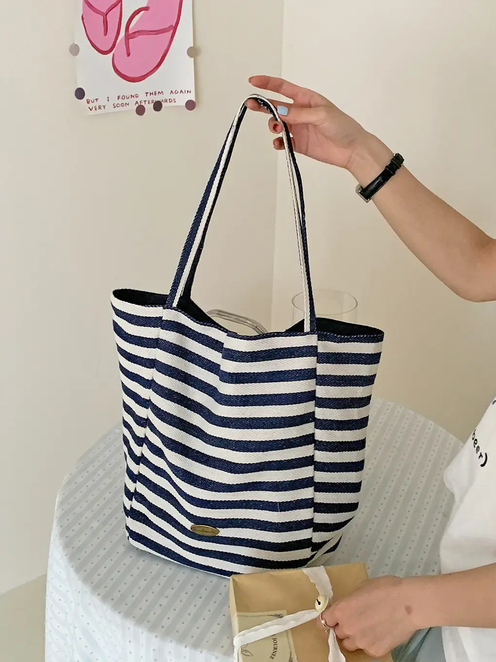 Korean Style Striped Canvas Tote Bag Large Capacity — feature 17