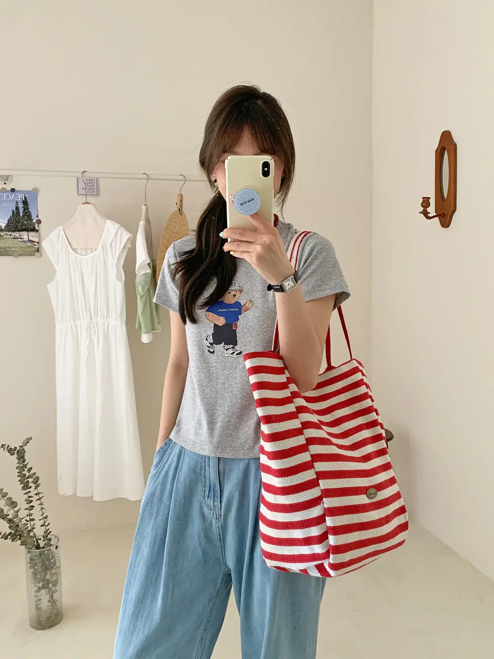 Korean Style Striped Canvas Tote Bag Large Capacity — feature 8