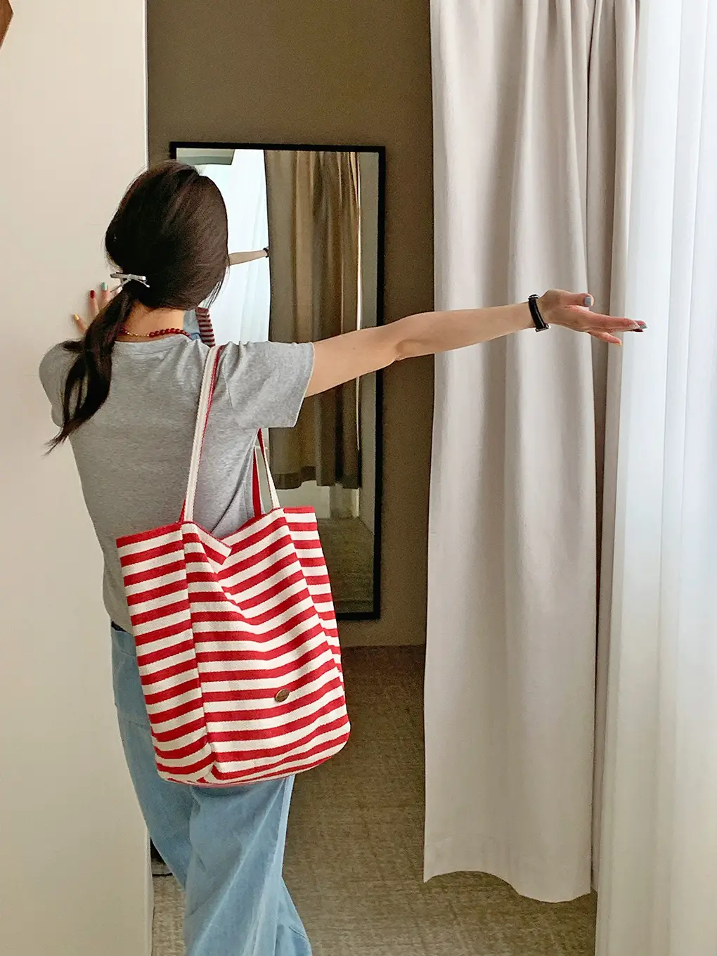 Korean Style Striped Canvas Tote Bag Large Capacity — feature 9