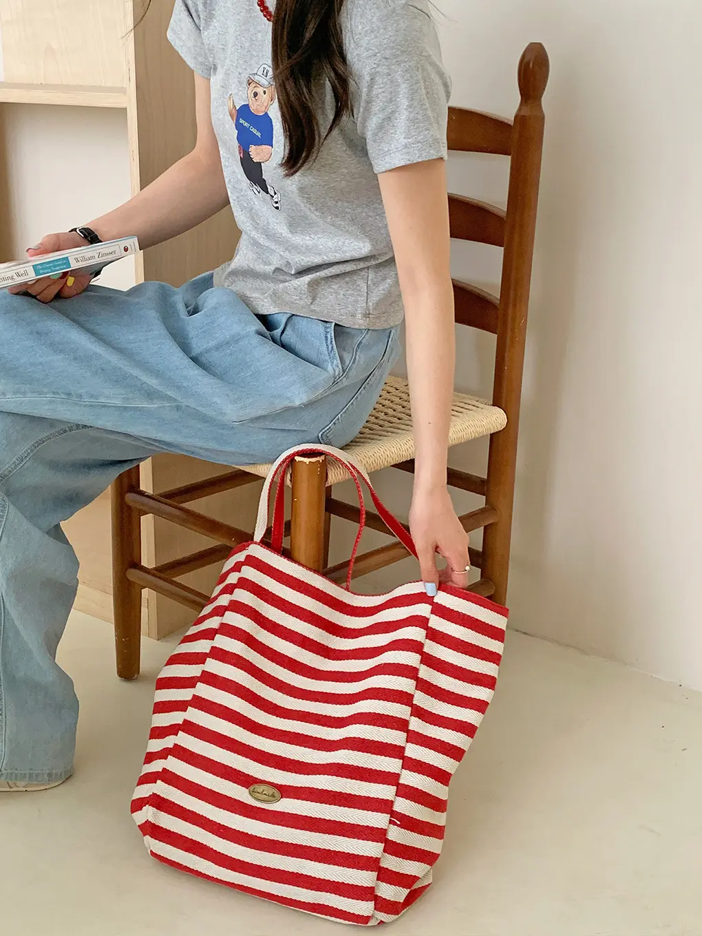 Korean Style Striped Canvas Tote Bag Large Capacity - Image 13