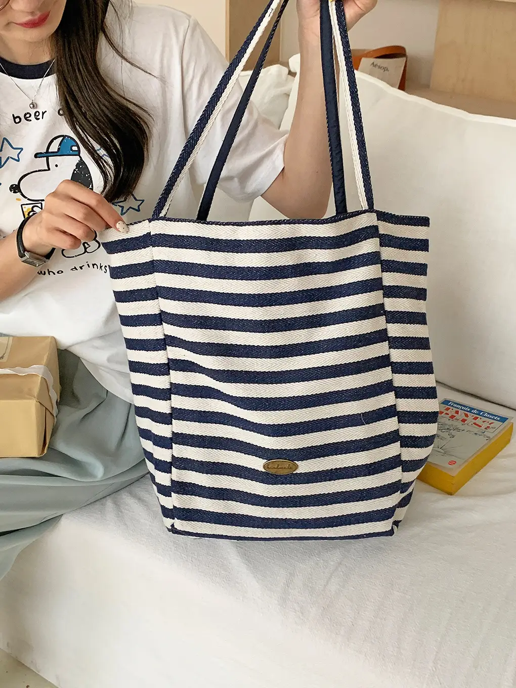Korean Style Striped Canvas Tote Bag Large Capacity - Image 14