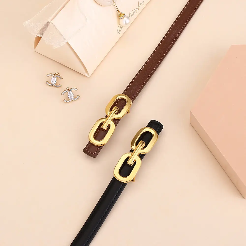 Women's Cowhide Leather Belt with Gold Chain Closure - Image 8