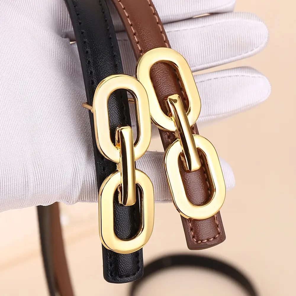 Women's Cowhide Leather Belt with Gold Chain Closure - Image 9