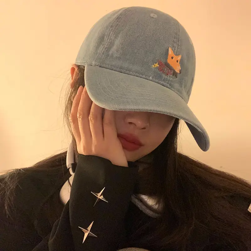 Women Wash Denim Fox Cap Sun Hat Big Head Showface - Image 6