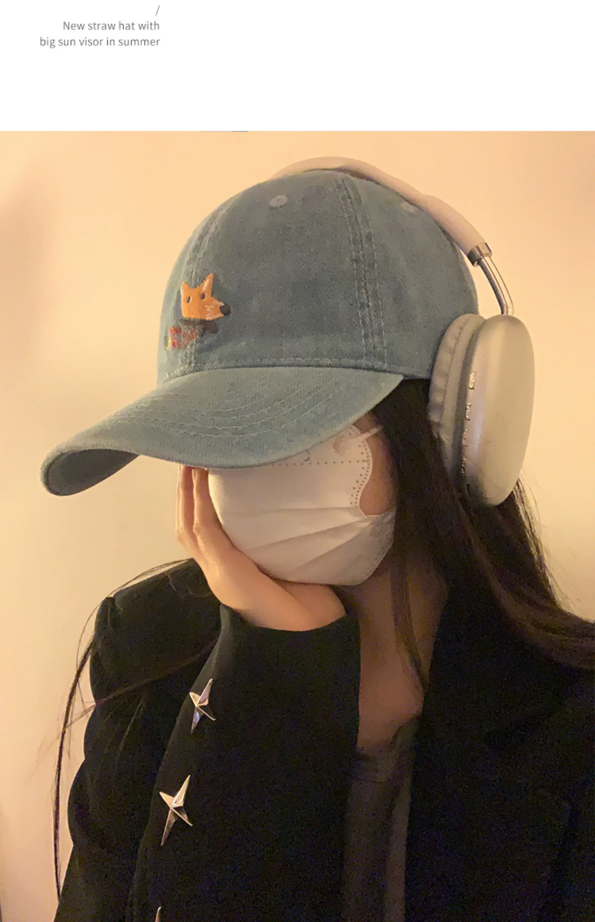 Women Wash Denim Fox Cap Sun Hat Big Head Showface — feature 12