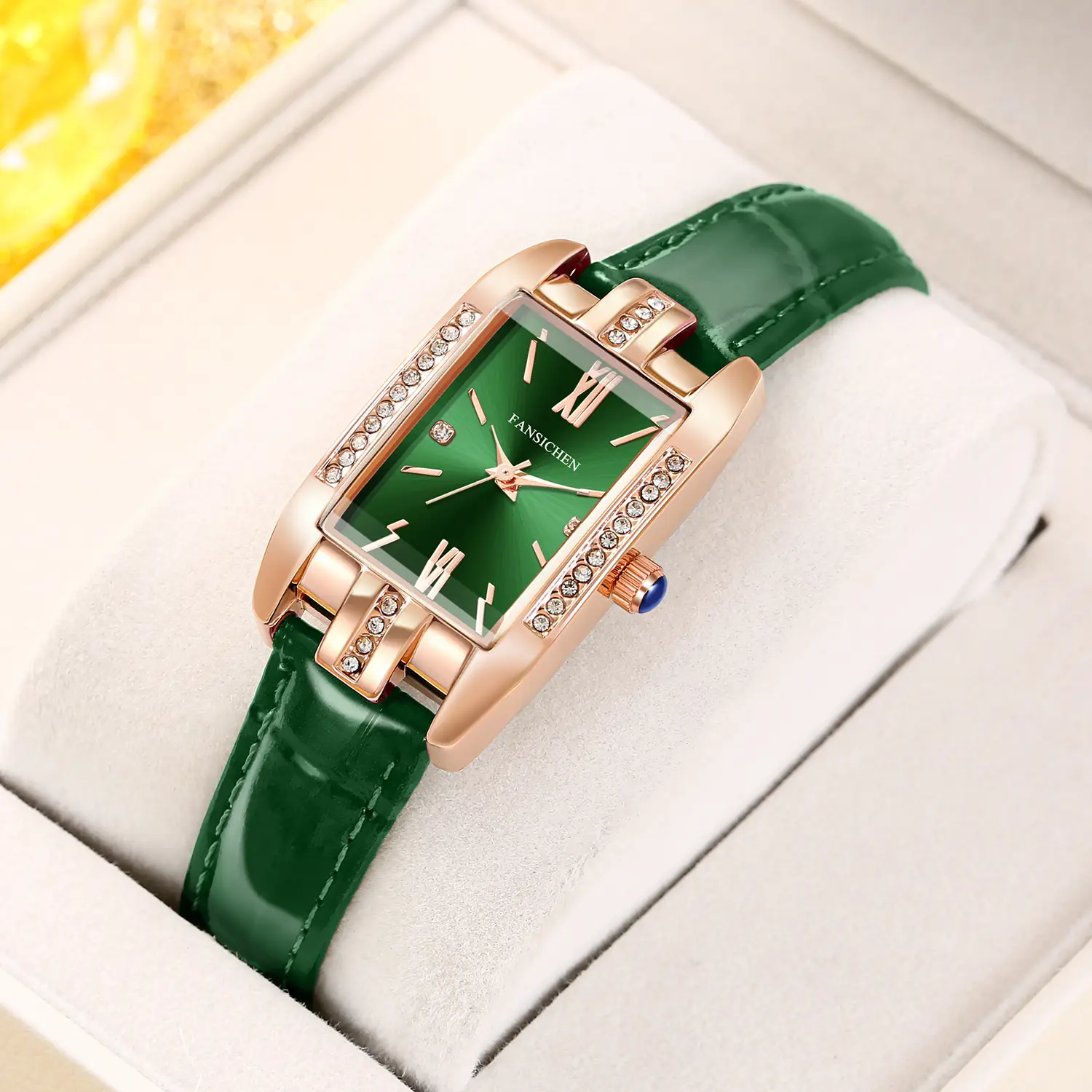 Women's Green Genuine Leather Rose Gold Watch - Image 4