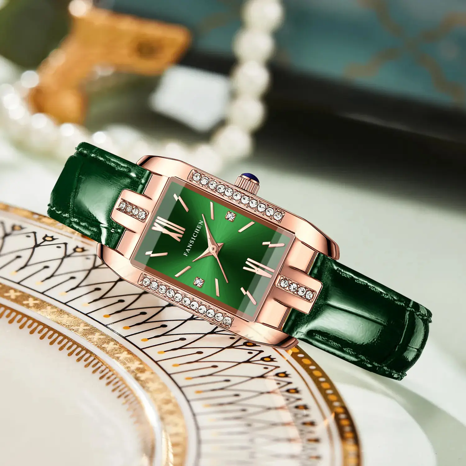 Women's Green Genuine Leather Rose Gold Watch - Image 5