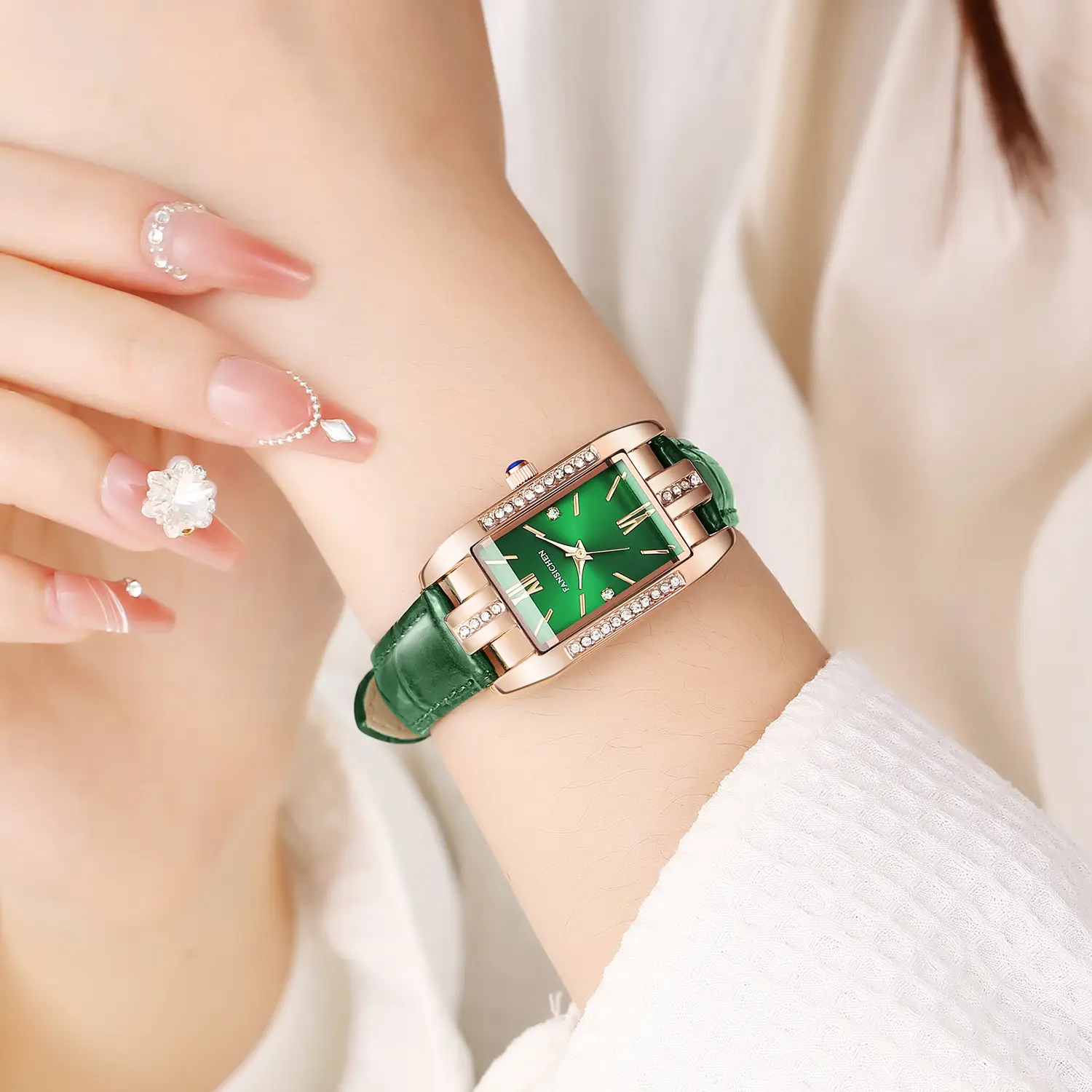 Women's Green Genuine Leather Rose Gold Watch - Image 6