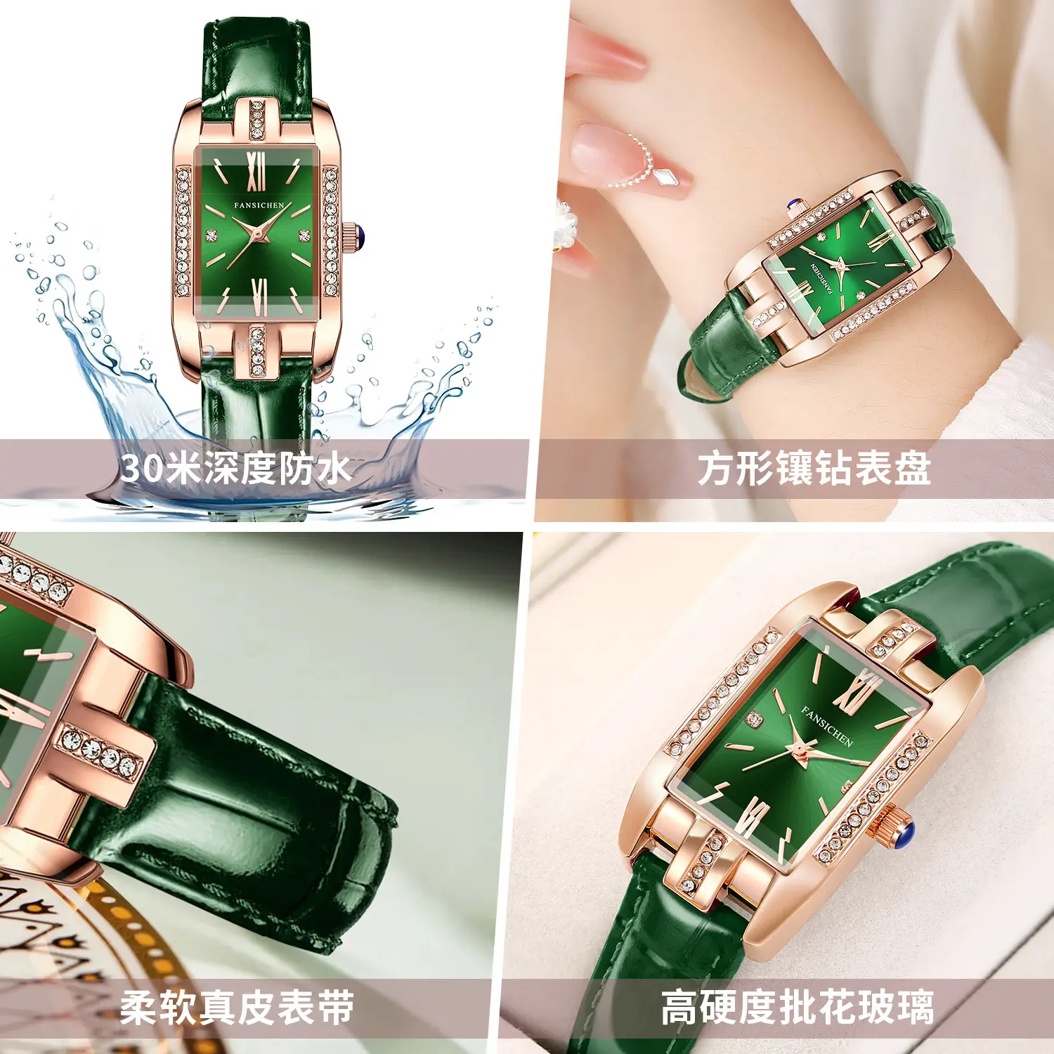 Women's Green Genuine Leather Rose Gold Watch - Image 7