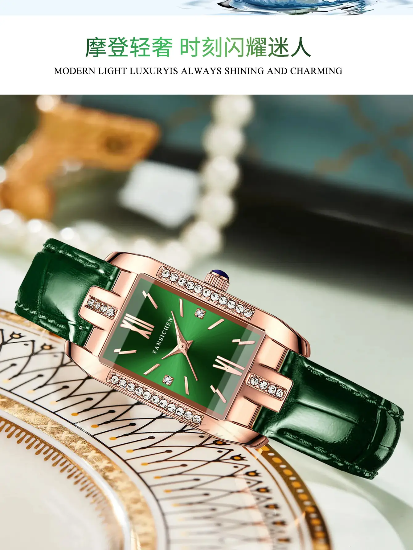 Women's Green Genuine Leather Rose Gold Watch — feature 10