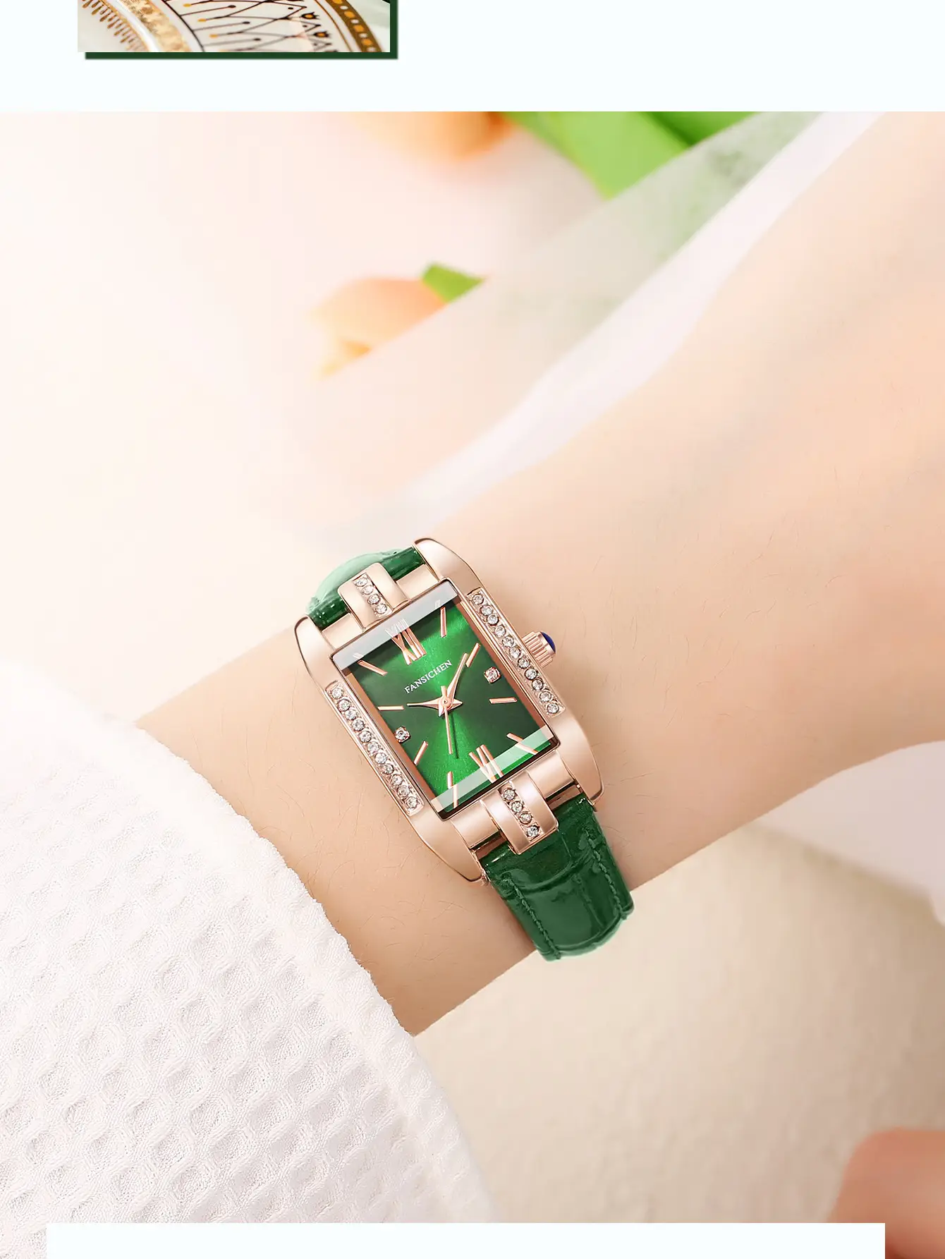 Women's Green Genuine Leather Rose Gold Watch — feature 4