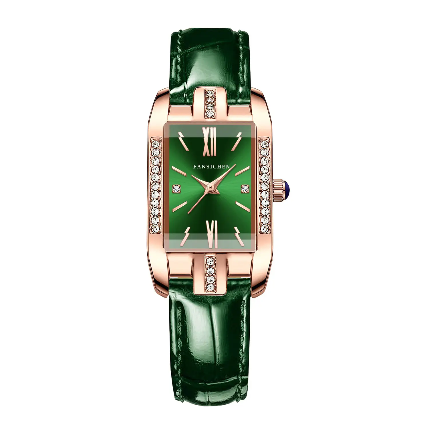 Women's Green Genuine Leather Rose Gold Watch - Image 2