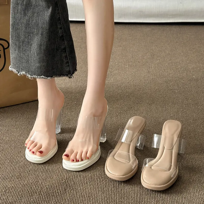 Thick-Soled Waterproof Platform Transparent Strappy High-Heeled Sandals for Women with Crystal Heel and Chunky Heel, Super High Heel Slippers