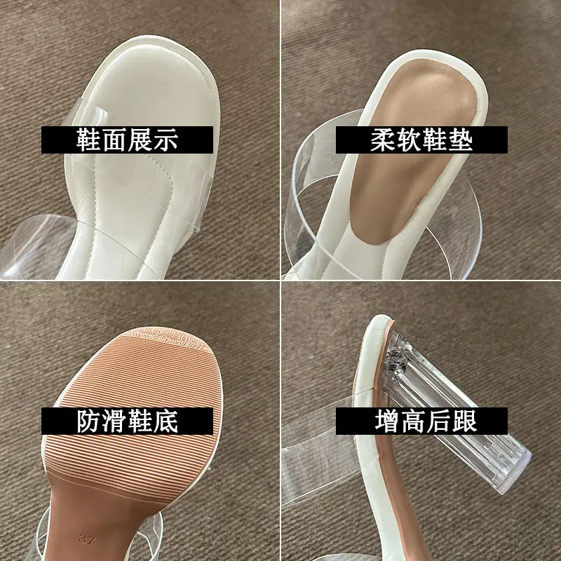 Thick-Soled Waterproof Platform Transparent Strappy High-Heeled Sandals for Women with Crystal Heel and Chunky Heel, Super High Heel Slippers