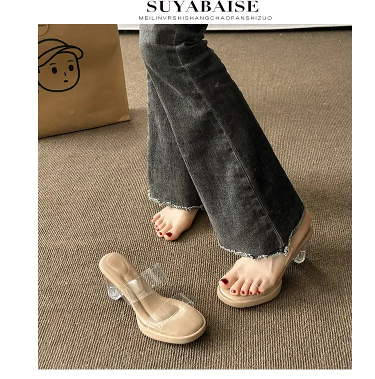 Thick-Soled Waterproof Platform Transparent Strappy High-Heeled Sandals for Women with Crystal Heel and Chunky Heel, Super High Heel Slippers — feature 10