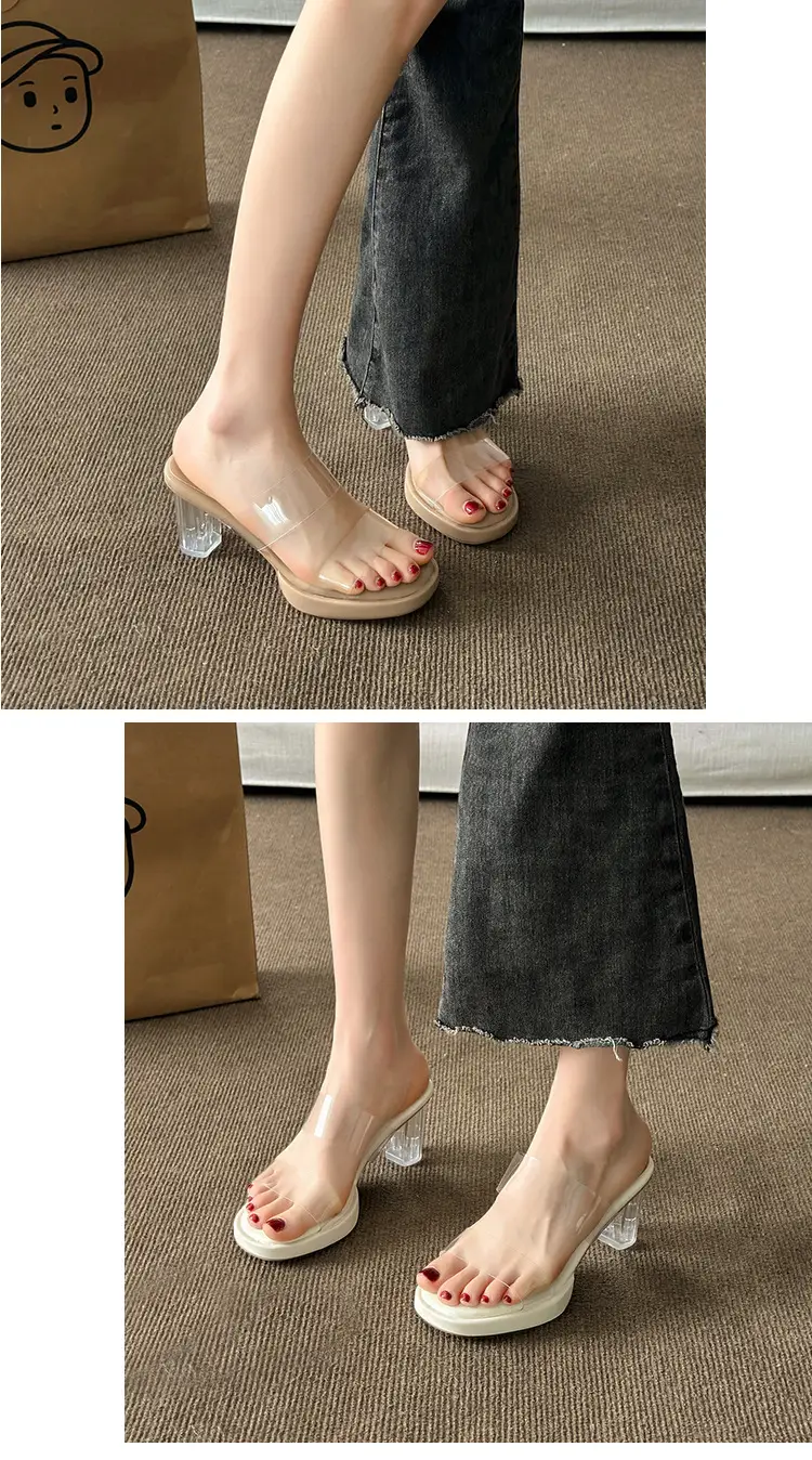 Thick-Soled Waterproof Platform Transparent Strappy High-Heeled Sandals for Women with Crystal Heel and Chunky Heel, Super High Heel Slippers — feature 11