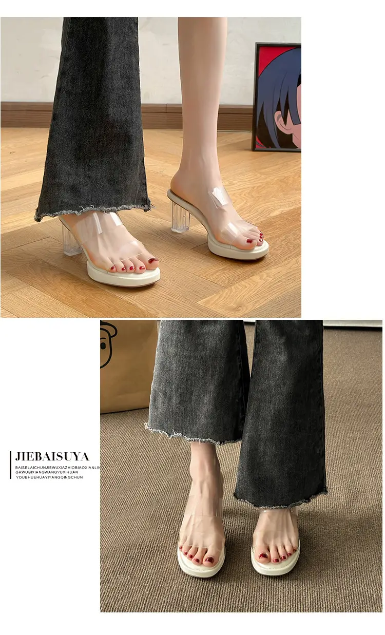 Thick-Soled Waterproof Platform Transparent Strappy High-Heeled Sandals for Women with Crystal Heel and Chunky Heel, Super High Heel Slippers — feature 12