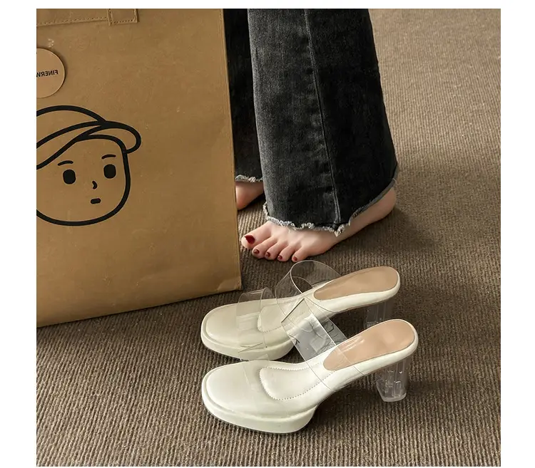 Thick-Soled Waterproof Platform Transparent Strappy High-Heeled Sandals for Women with Crystal Heel and Chunky Heel, Super High Heel Slippers — feature 13