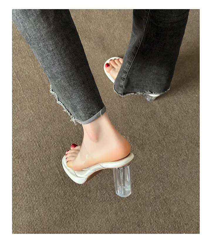 Thick-Soled Waterproof Platform Transparent Strappy High-Heeled Sandals for Women with Crystal Heel and Chunky Heel, Super High Heel Slippers — feature 16