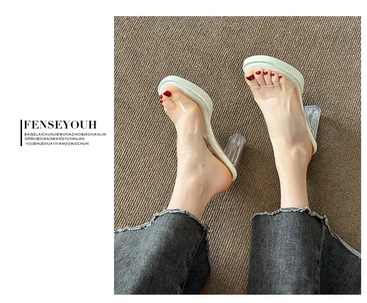 Thick-Soled Waterproof Platform Transparent Strappy High-Heeled Sandals for Women with Crystal Heel and Chunky Heel, Super High Heel Slippers — feature 17