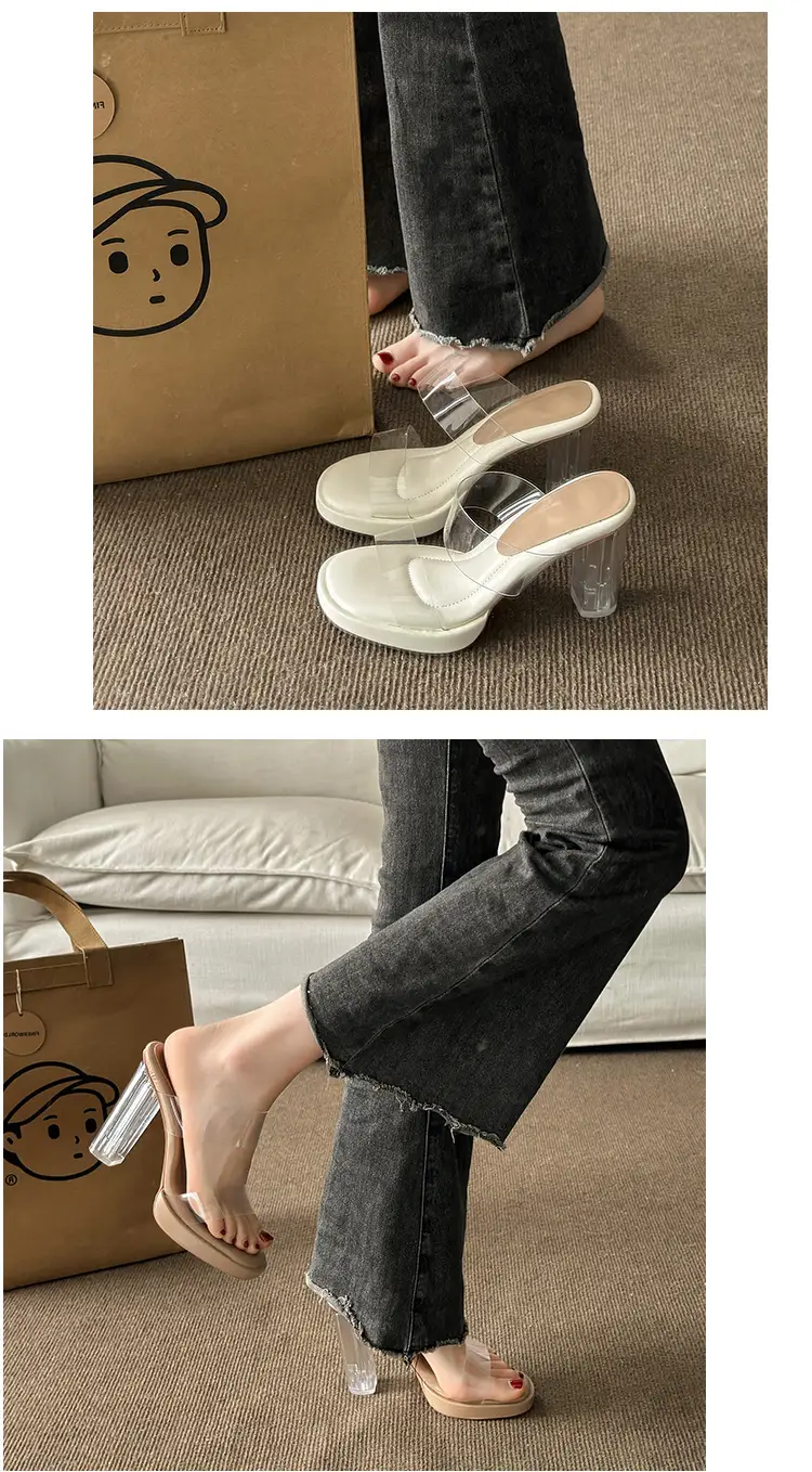 Thick-Soled Waterproof Platform Transparent Strappy High-Heeled Sandals for Women with Crystal Heel and Chunky Heel, Super High Heel Slippers — feature 18