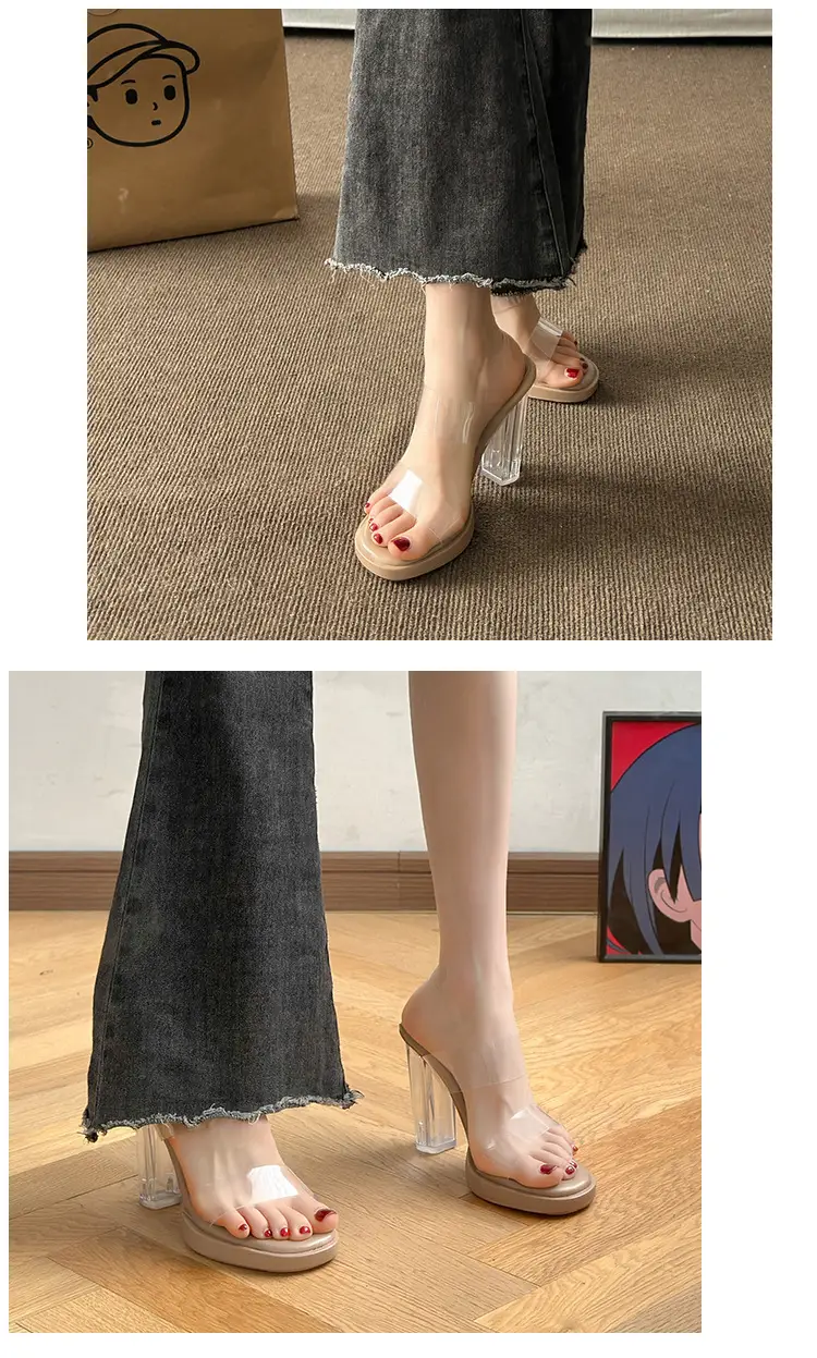 Thick-Soled Waterproof Platform Transparent Strappy High-Heeled Sandals for Women with Crystal Heel and Chunky Heel, Super High Heel Slippers — feature 19