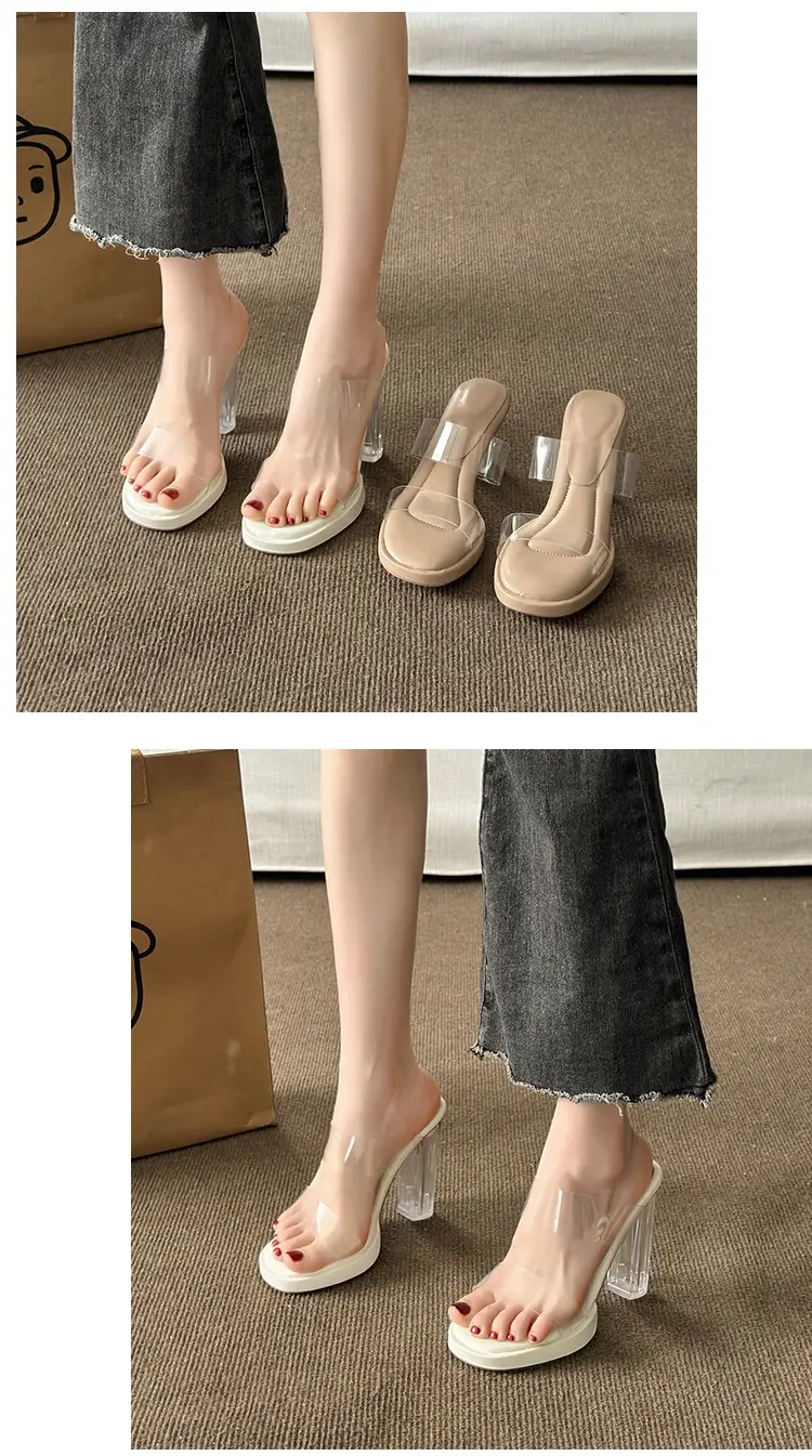 Thick-Soled Waterproof Platform Transparent Strappy High-Heeled Sandals for Women with Crystal Heel and Chunky Heel, Super High Heel Slippers — feature 20
