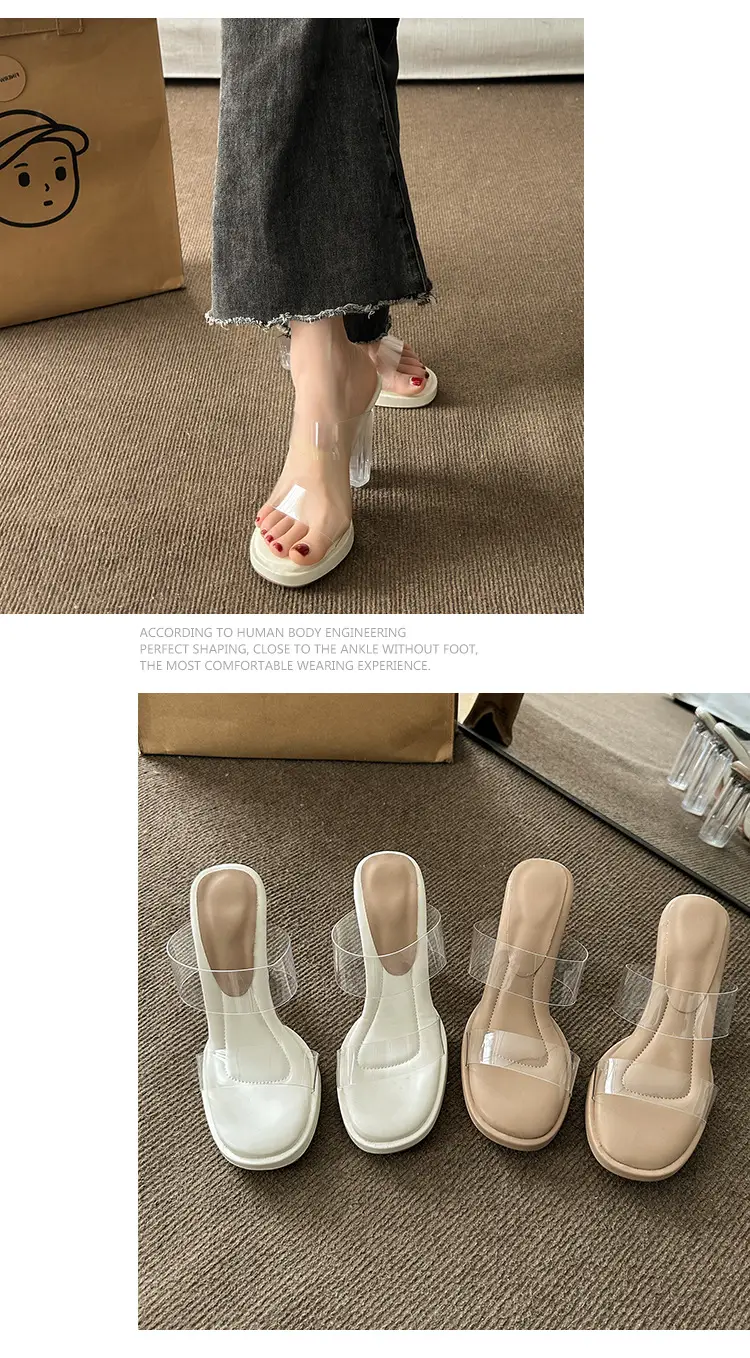 Thick-Soled Waterproof Platform Transparent Strappy High-Heeled Sandals for Women with Crystal Heel and Chunky Heel, Super High Heel Slippers — feature 21