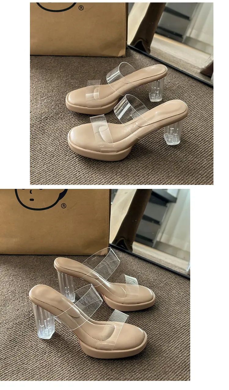 Thick-Soled Waterproof Platform Transparent Strappy High-Heeled Sandals for Women with Crystal Heel and Chunky Heel, Super High Heel Slippers — feature 22