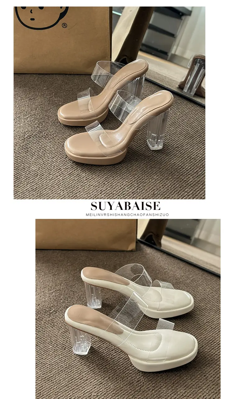Thick-Soled Waterproof Platform Transparent Strappy High-Heeled Sandals for Women with Crystal Heel and Chunky Heel, Super High Heel Slippers — feature 23