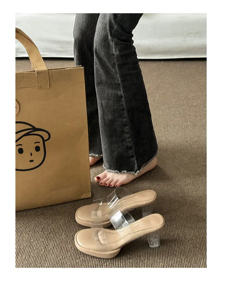 Thick-Soled Waterproof Platform Transparent Strappy High-Heeled Sandals for Women with Crystal Heel and Chunky Heel, Super High Heel Slippers — feature 8