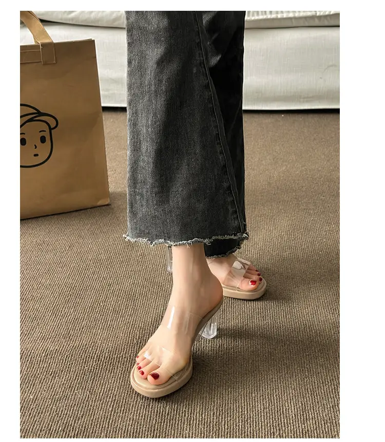 Thick-Soled Waterproof Platform Transparent Strappy High-Heeled Sandals for Women with Crystal Heel and Chunky Heel, Super High Heel Slippers — feature 9