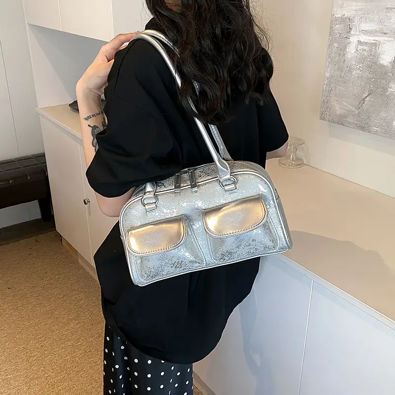 Women Vintage Silver Underarm Bag Large Capacity Shoulder Crossbody - Image 2