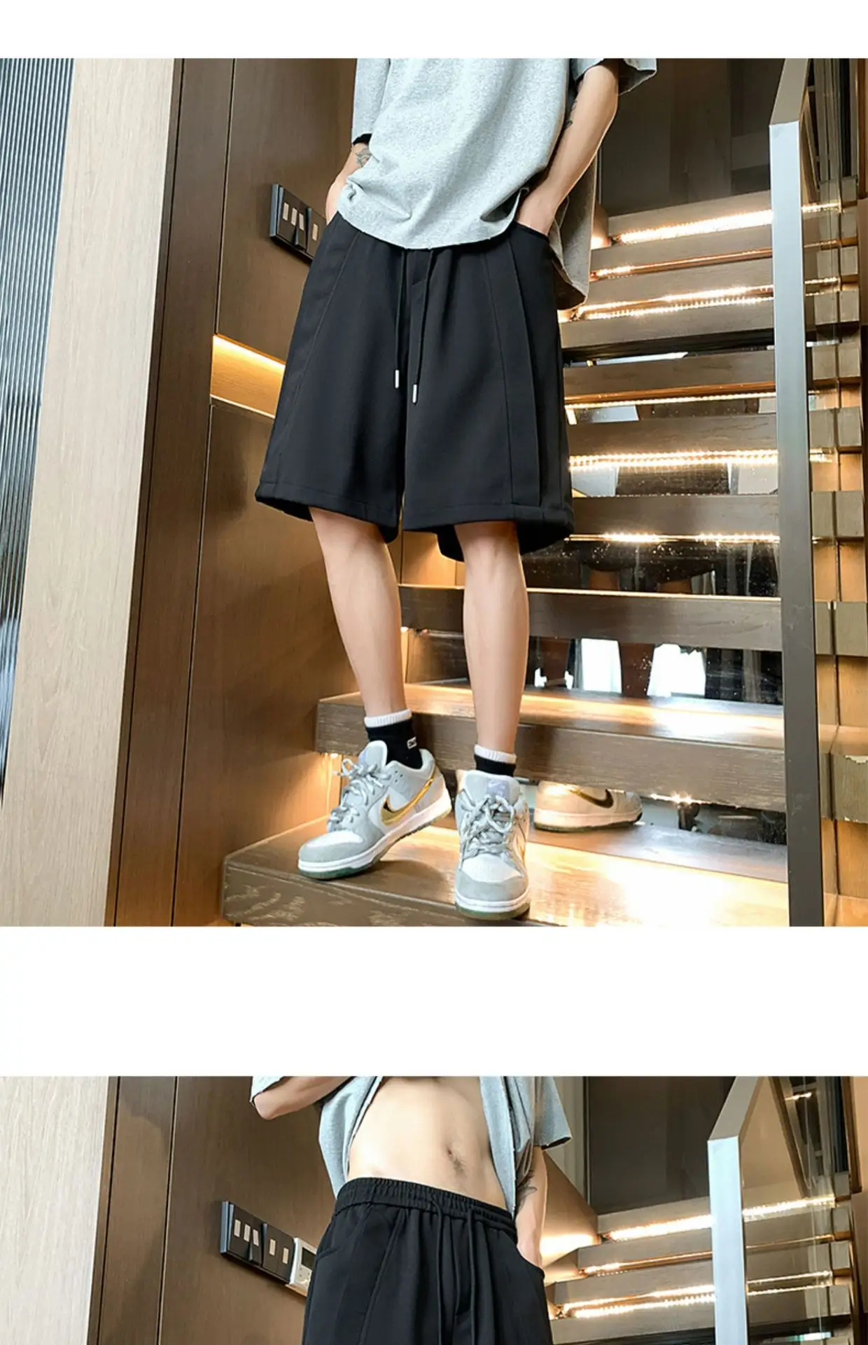 Men's Black Drawstring Shorts 2024 Summer Casual — feature 2