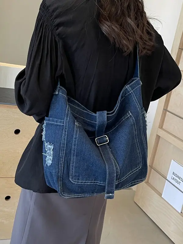 Women's Blue Denim Shoulder Tote Bag 2024 - Image 6