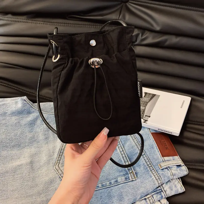 2024 Black Mini Phone Bag Women Drawstring Canvas - Image 3
