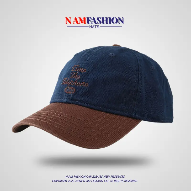 Men Vintage Baseball Cap Navy Brown Washed Soft Top