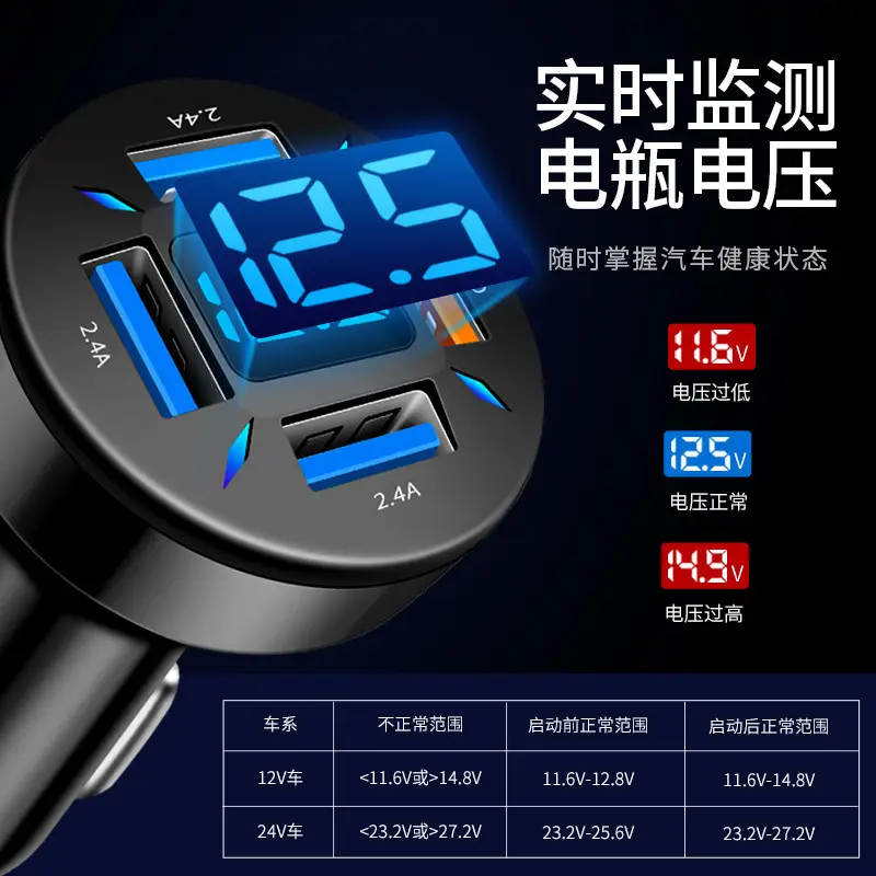 Digital Display Car Charger 4USB 66W Fast Charging
