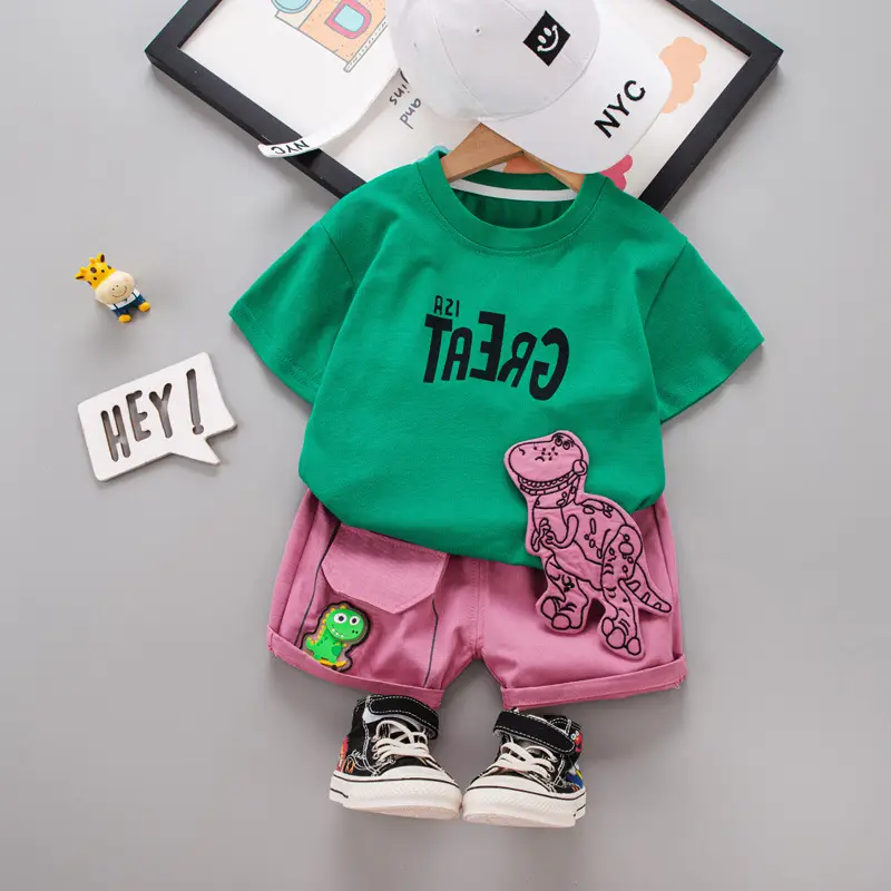 Wholesale Boys T-Shirt Shorts Set Yellow Pink Summer - Image 2