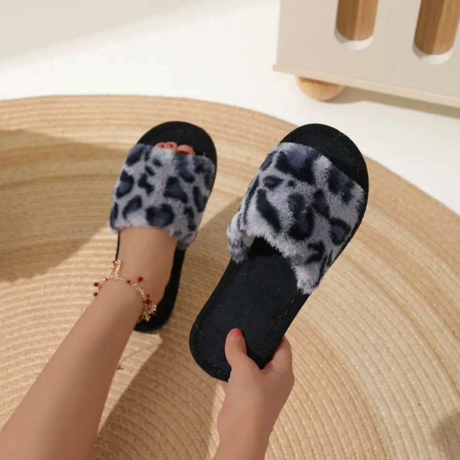 New cross-border ins leopard plush slippers cross-belt cotton slippers home warm autumn and winter fluffy slippers wholesale