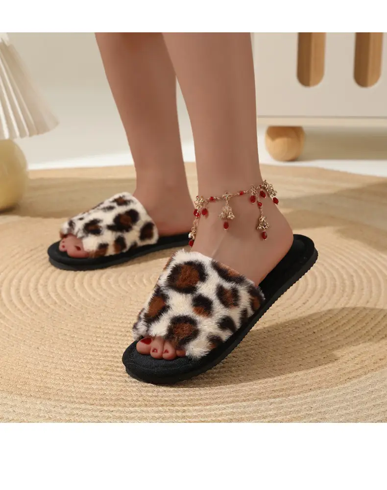 New cross-border ins leopard plush slippers cross-belt cotton slippers home warm autumn and winter fluffy slippers wholesale — feature 12