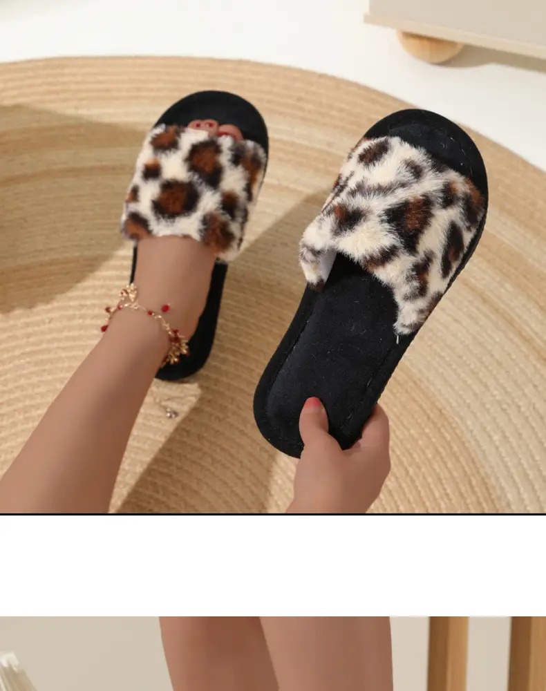 New cross-border ins leopard plush slippers cross-belt cotton slippers home warm autumn and winter fluffy slippers wholesale — feature 14