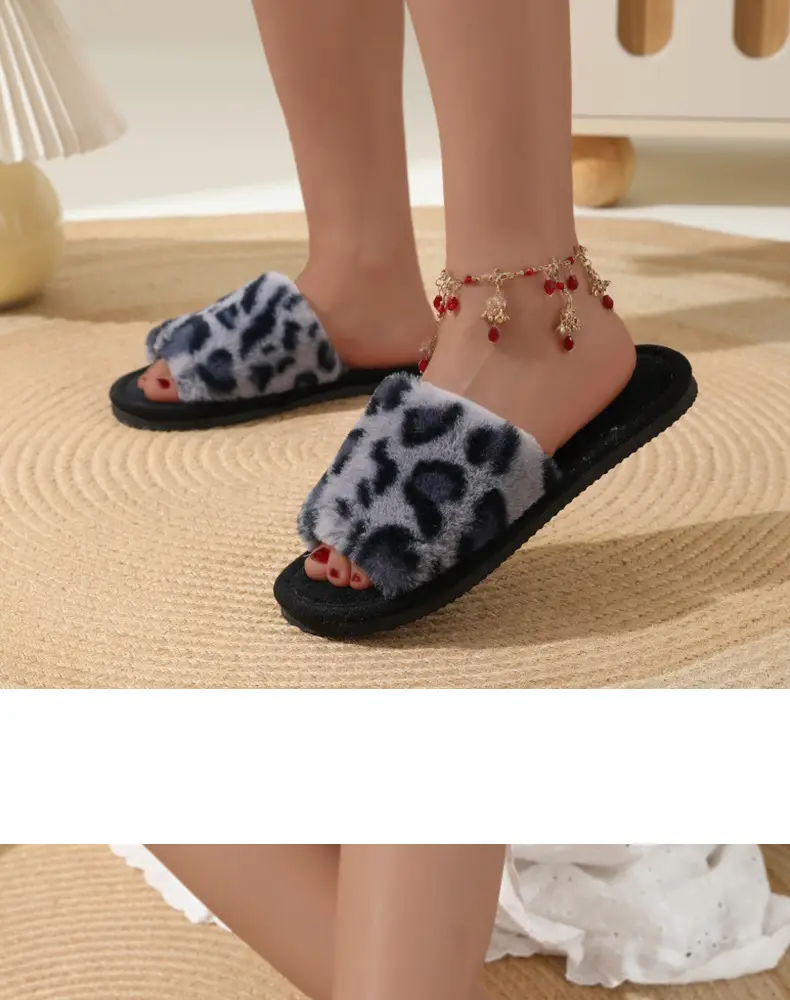 New cross-border ins leopard plush slippers cross-belt cotton slippers home warm autumn and winter fluffy slippers wholesale — feature 15