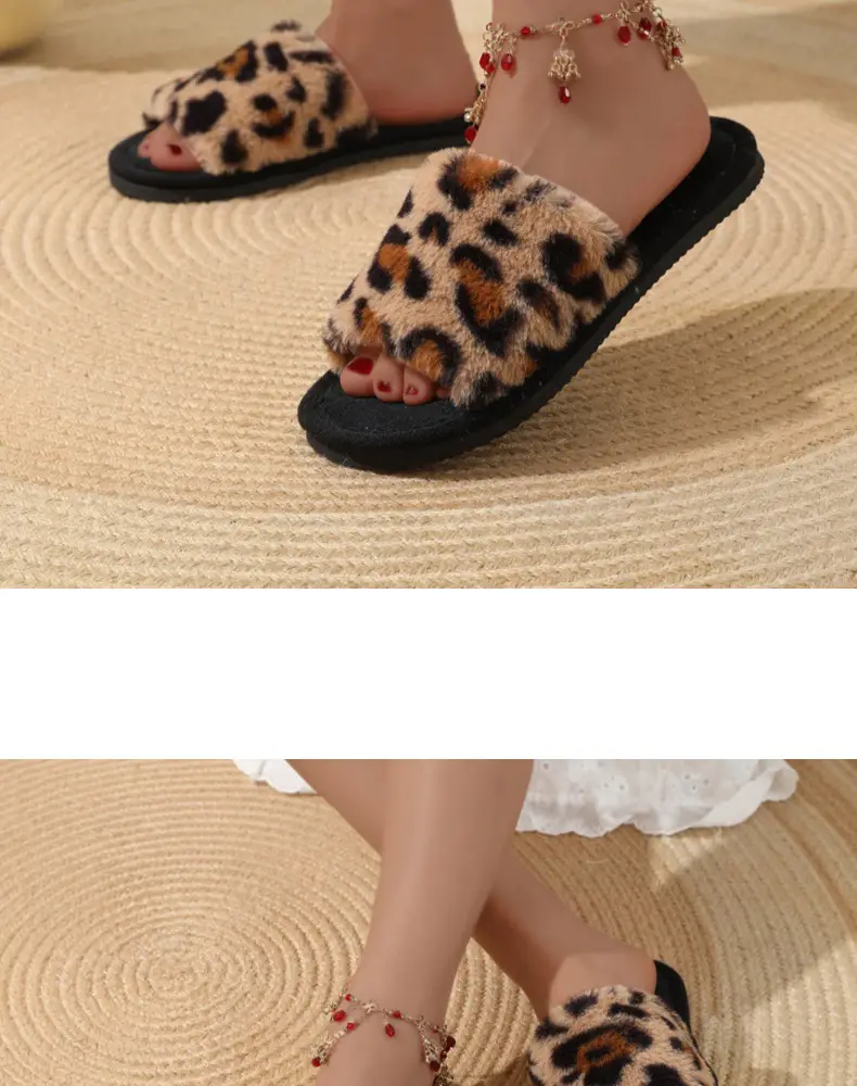 New cross-border ins leopard plush slippers cross-belt cotton slippers home warm autumn and winter fluffy slippers wholesale — feature 18