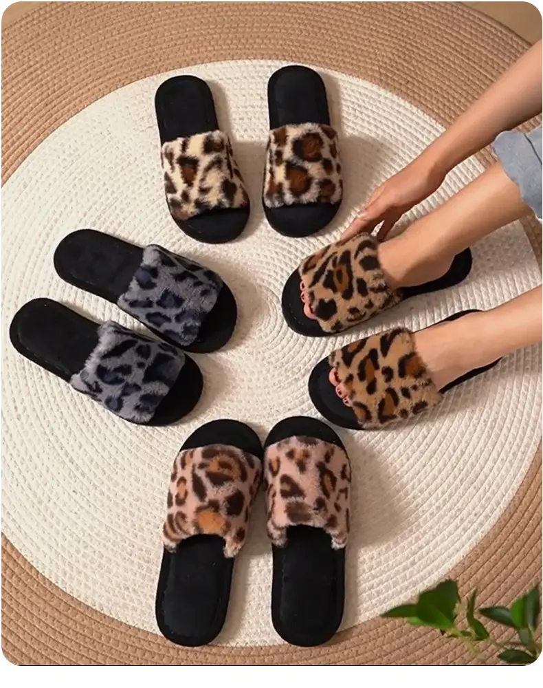 New cross-border ins leopard plush slippers cross-belt cotton slippers home warm autumn and winter fluffy slippers wholesale — feature 2