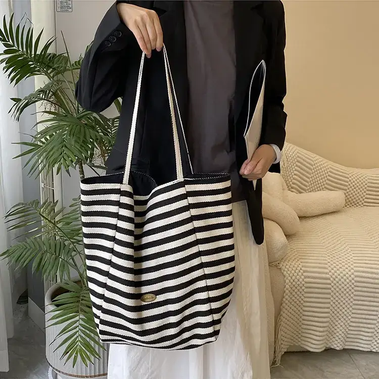 Reversible Korean Style Tote Bag Blue Striped Canvas Single Shoulder Large Capacity - Image 7
